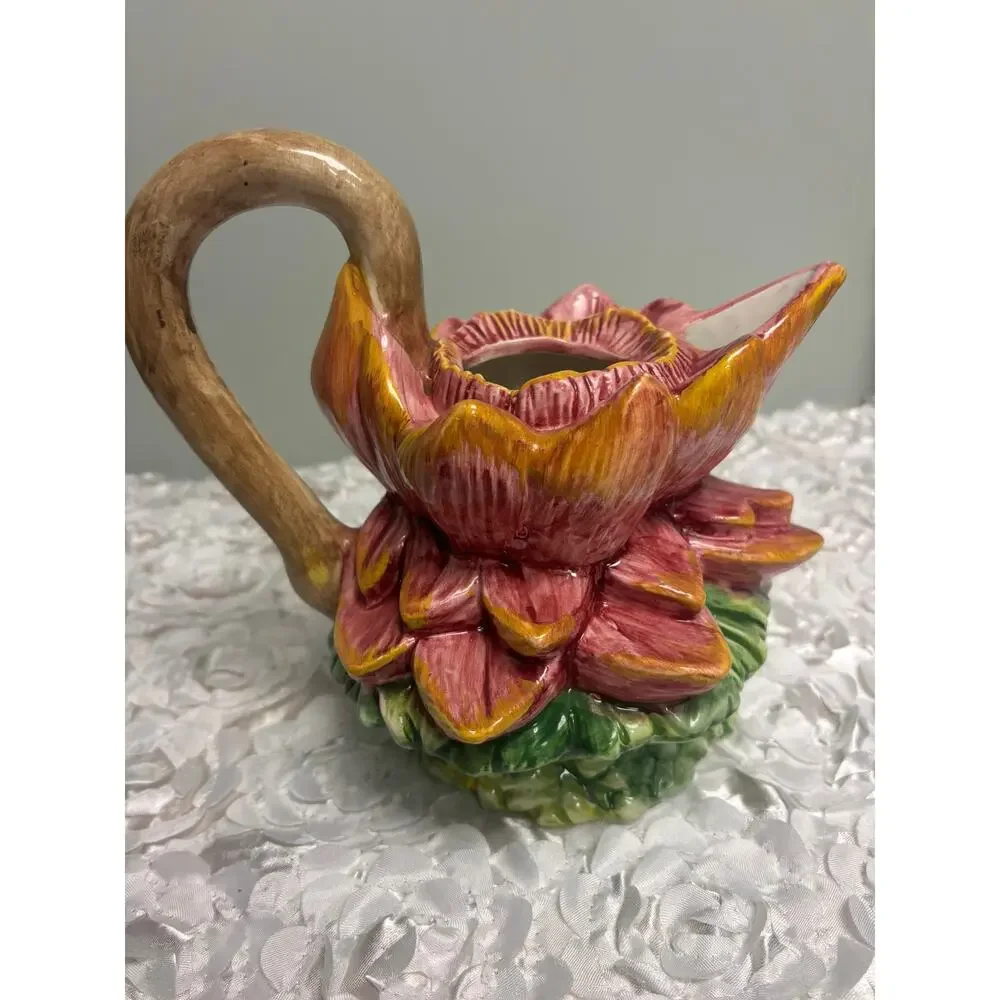 Vintage Bassano Italy Majolica Water Lily Pitcher Hand Painted Ceramic